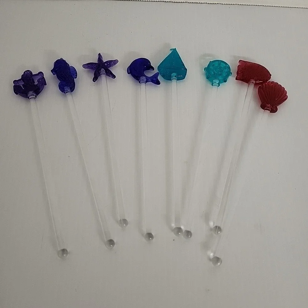 Set of 8 Drink Stirrers Swizzle Sticks Nautical And‎  Fish Colorful Vintage